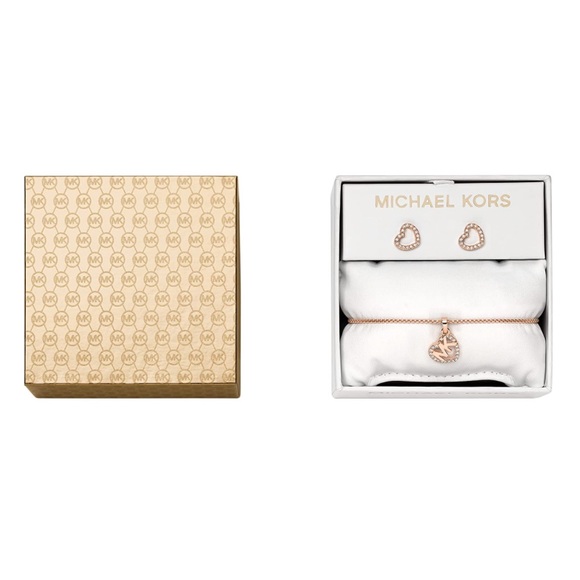 MICHAEL KORS Rose Gold Crystal Heart Logo Slider Bracelet Stud Earring Boxed Set - Picture 2 of 10